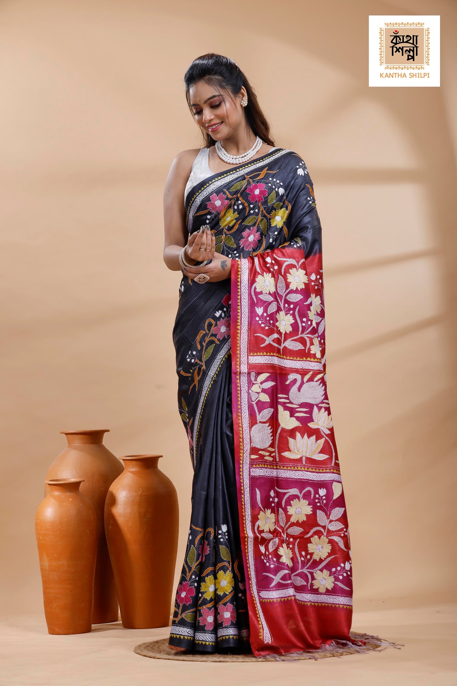 Pure Gachi Dye Tussar Multicolor Thread Work Kantha Stitch Saree