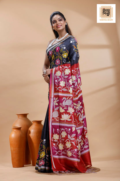 Pure Gachi Dye Tussar Multicolor Thread Work Kantha Stitch Saree