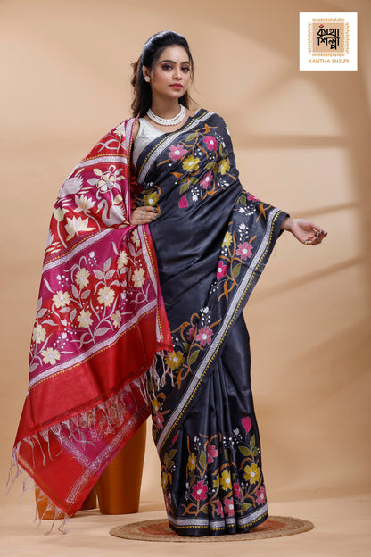 Pure Gachi Dye Tussar Multicolor Thread Work Kantha Stitch Saree