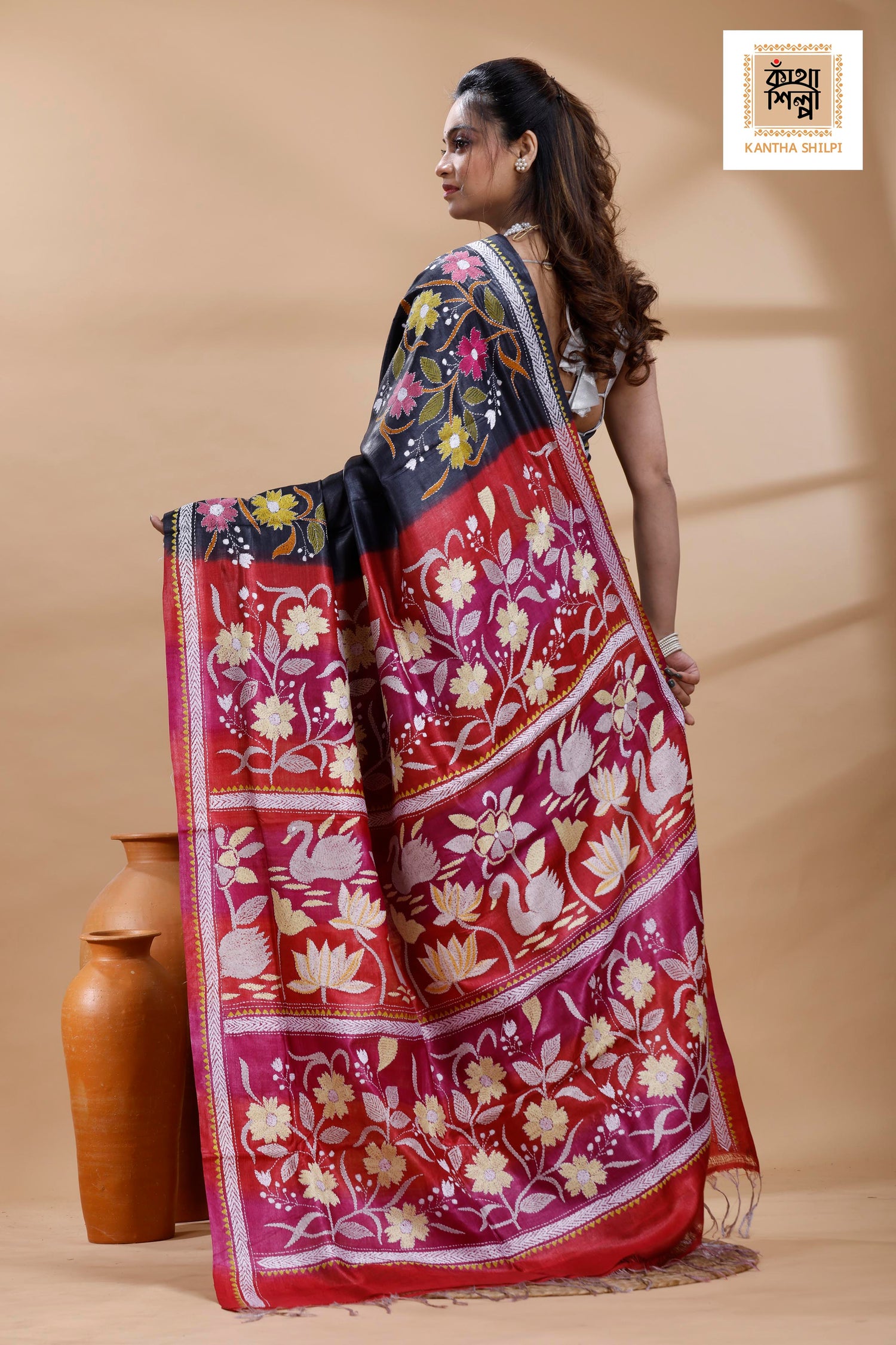 Pure Gachi Dye Tussar Multicolor Thread Work Kantha Stitch Saree