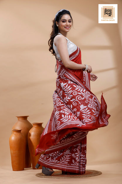 Red Color Bangalore Silk White Color Thread Work Batik Kantha Stitch Saree