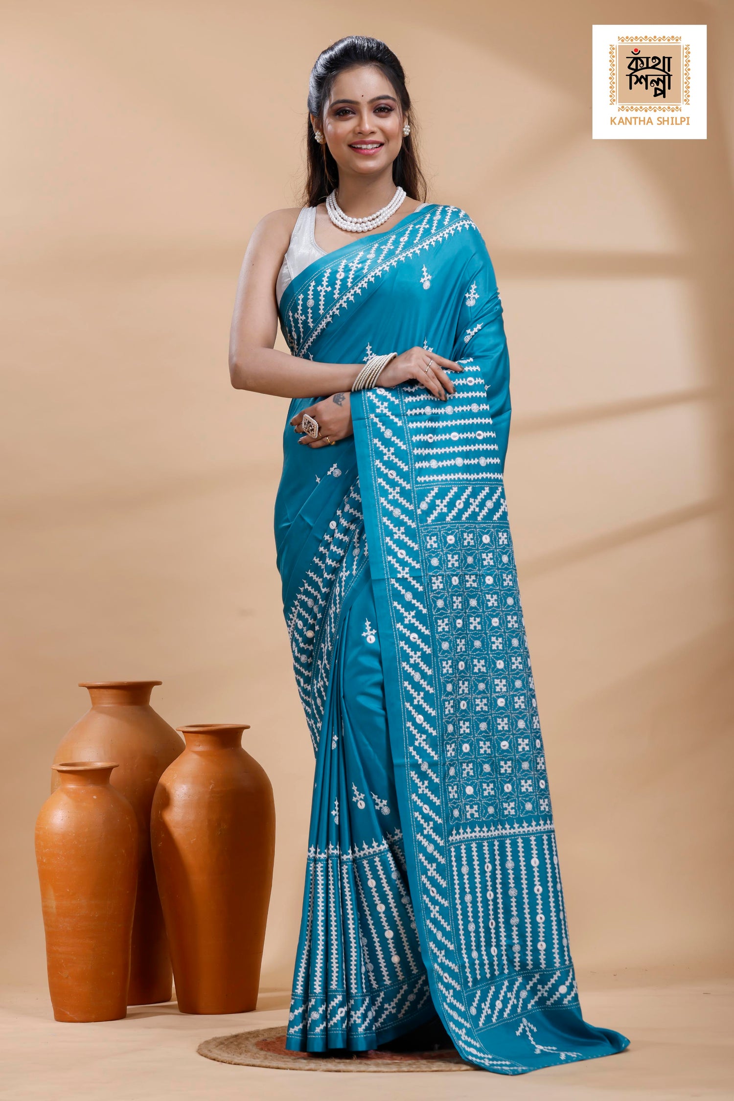 Blue Bangalore Silk White Color Thread Work Gujrati Stitch Saree