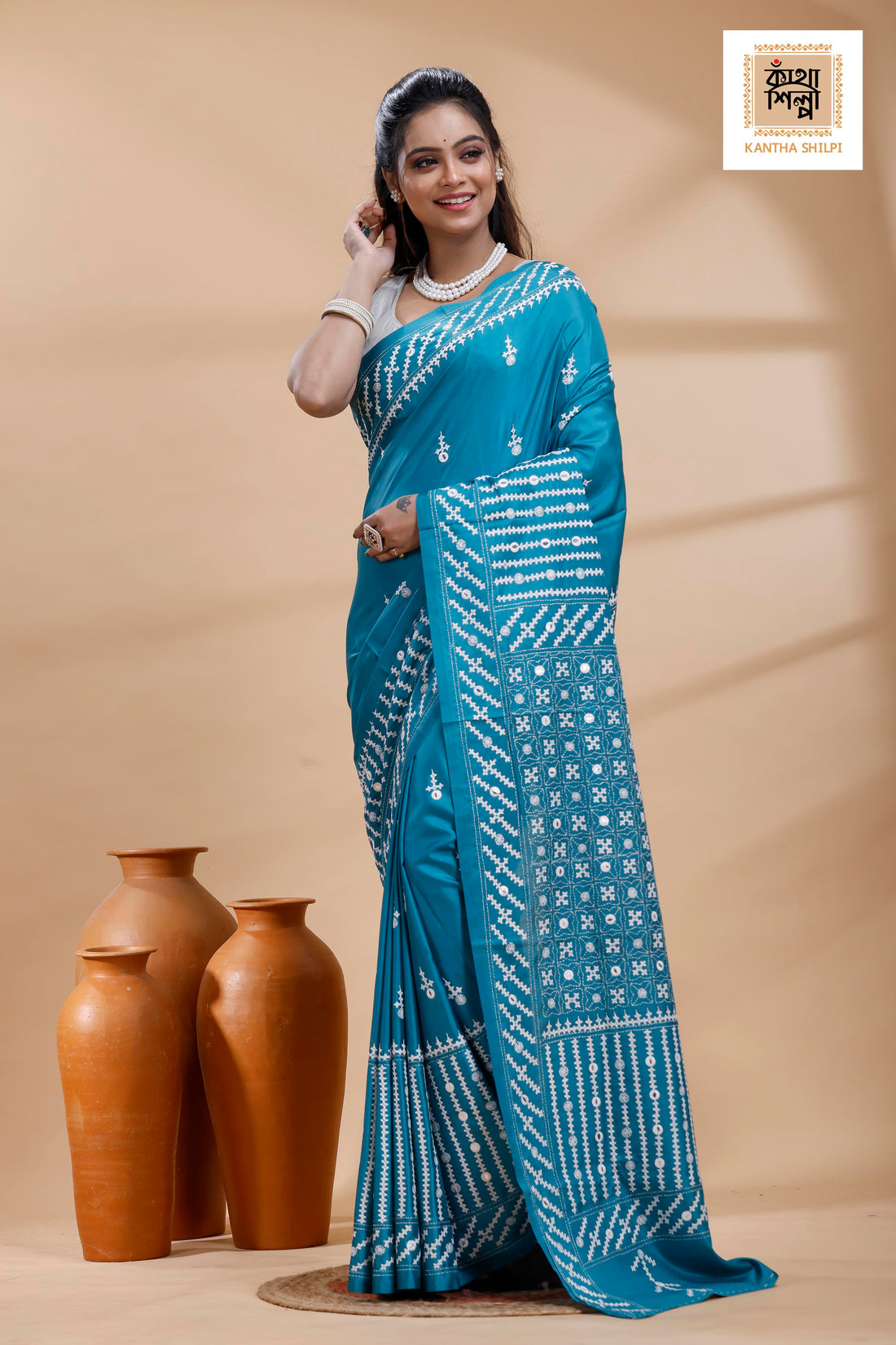 Blue Bangalore Silk White Color Thread Work Gujrati Stitch Saree