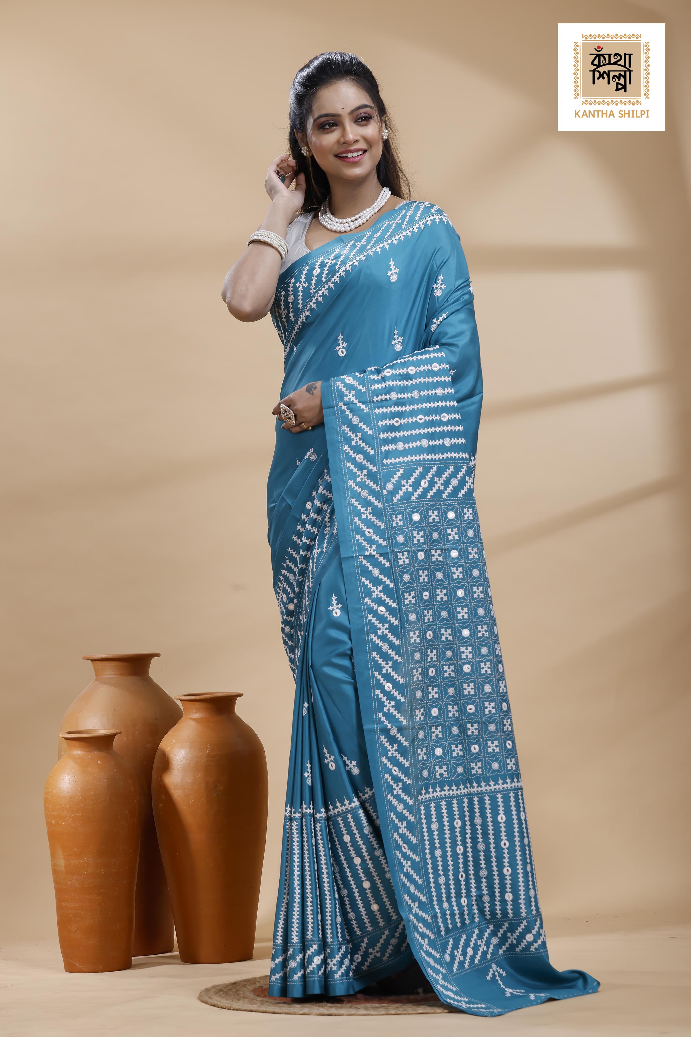 Blue Bangalore Silk White Color Thread Work Gujrati Stitch Saree