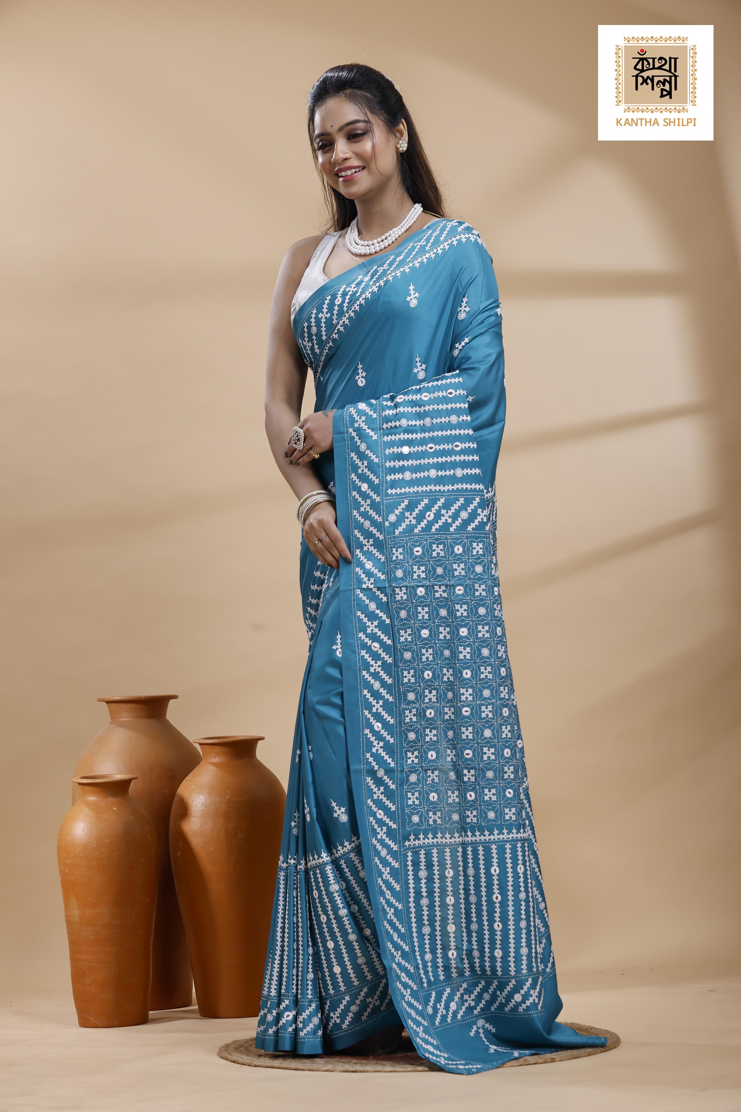 Blue Bangalore Silk White Color Thread Work Gujrati Stitch Saree