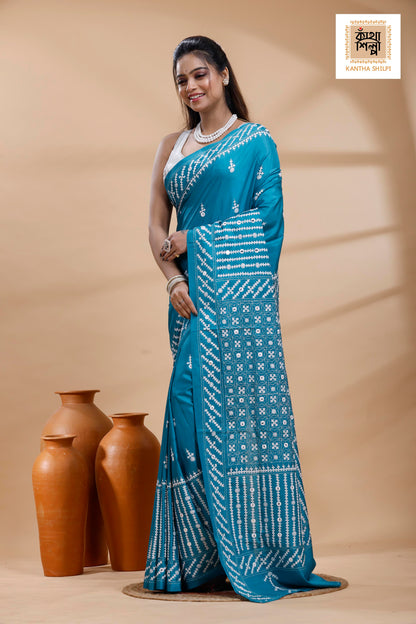 Blue Bangalore Silk White Color Thread Work Gujrati Stitch Saree