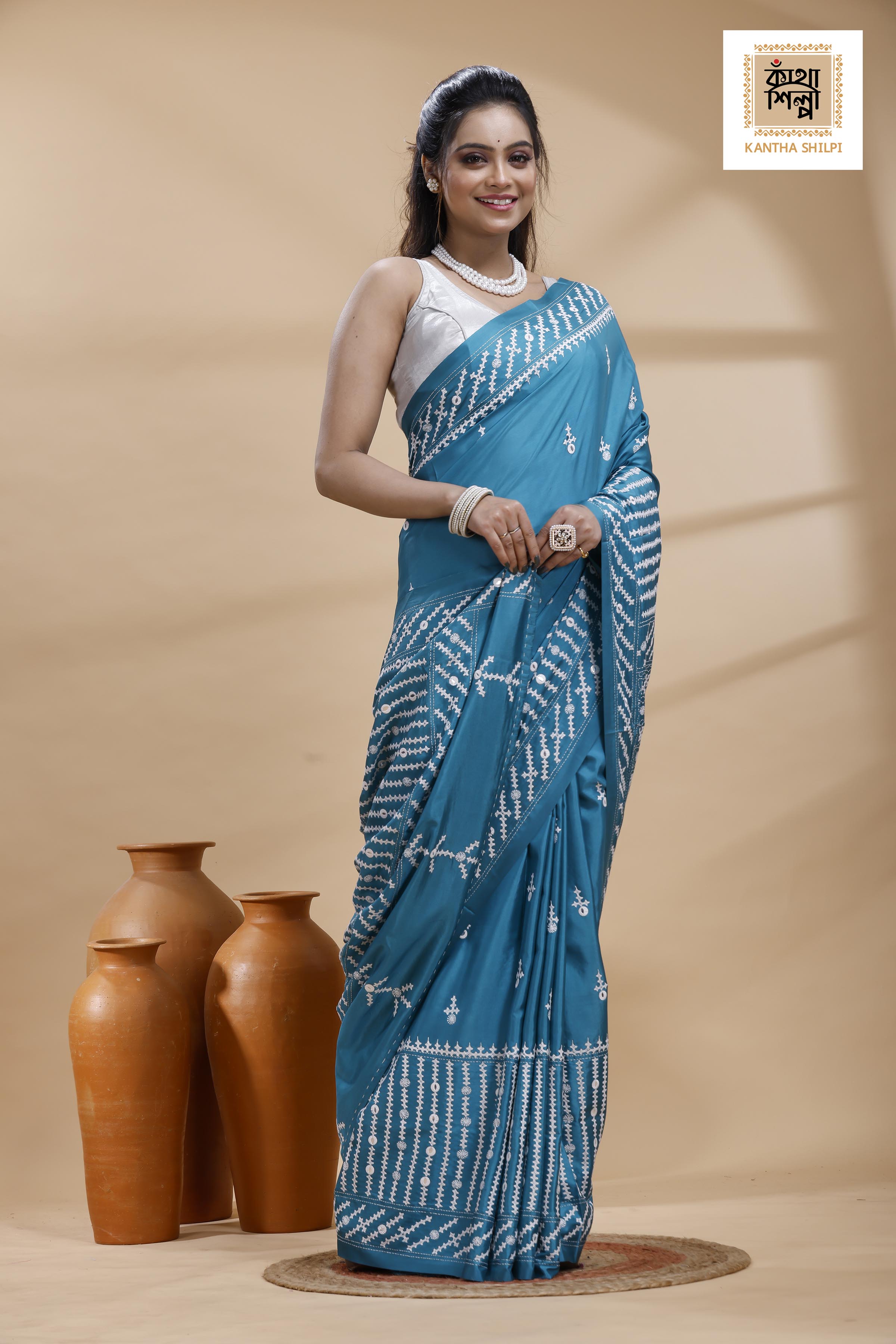 Blue Bangalore Silk White Color Thread Work Gujrati Stitch Saree