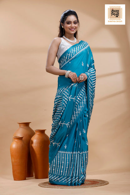Blue Bangalore Silk White Color Thread Work Gujrati Stitch Saree