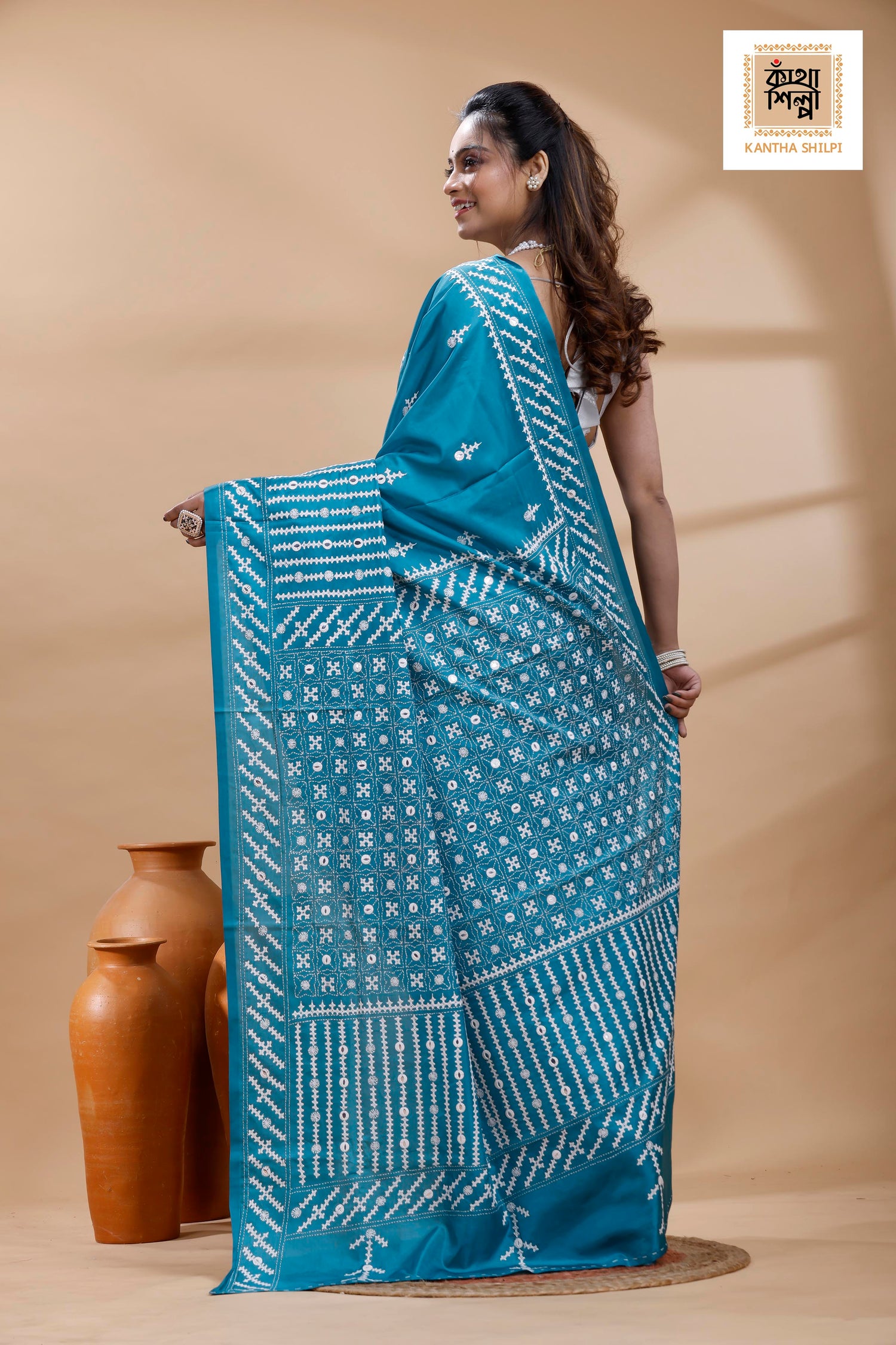 Blue Bangalore Silk White Color Thread Work Gujrati Stitch Saree