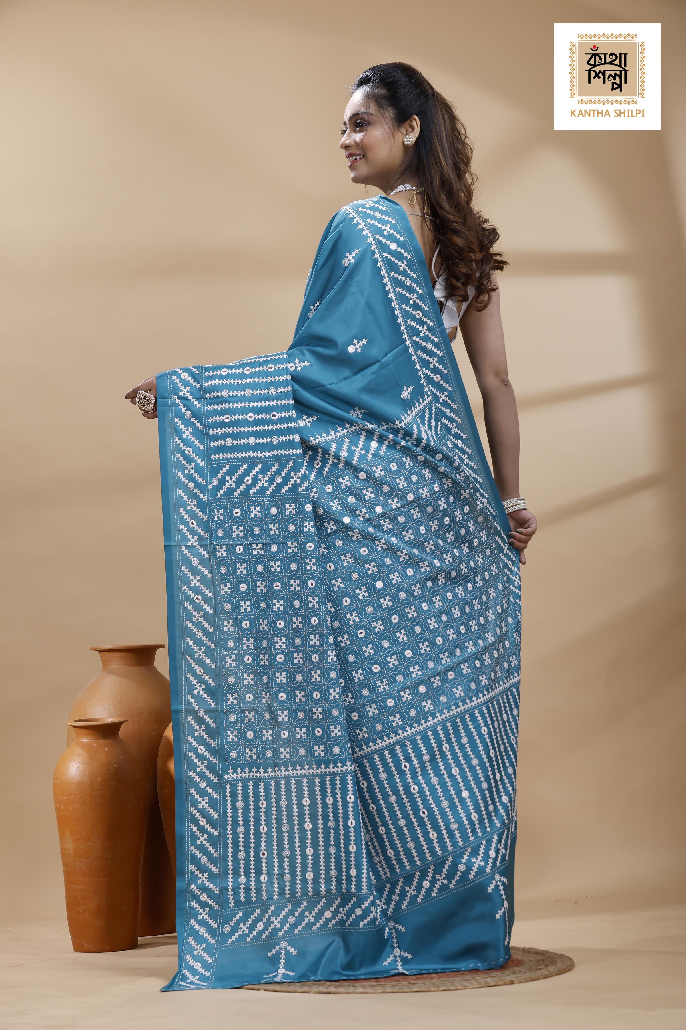 Blue Bangalore Silk White Color Thread Work Gujrati Stitch Saree