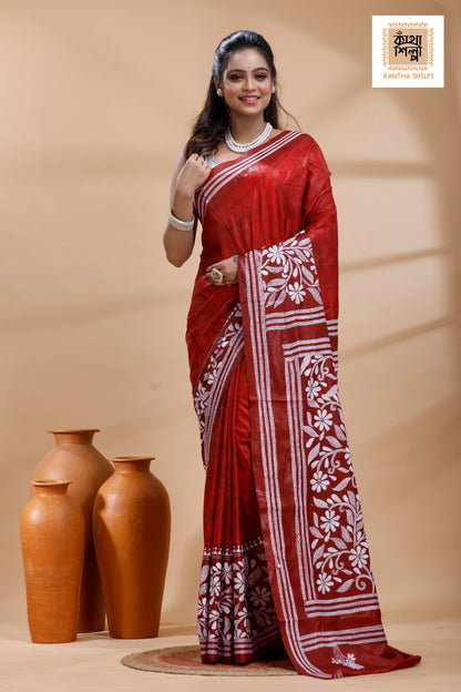 Red Color Bangalore Silk White Color Thread Work Batik Kantha Stitch Saree