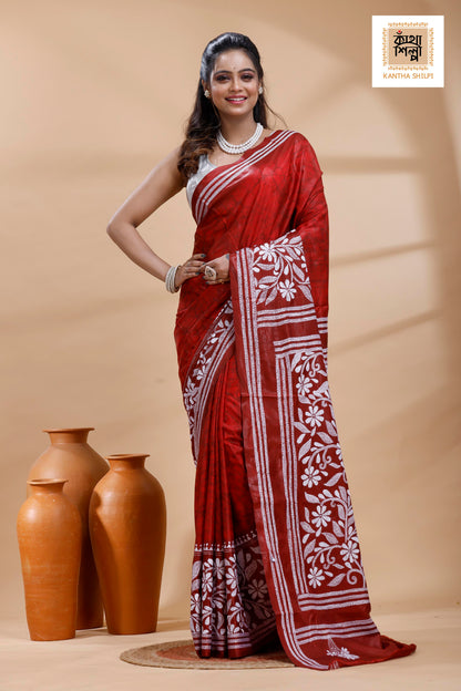 Red Color Bangalore Silk White Color Thread Work Batik Kantha Stitch Saree