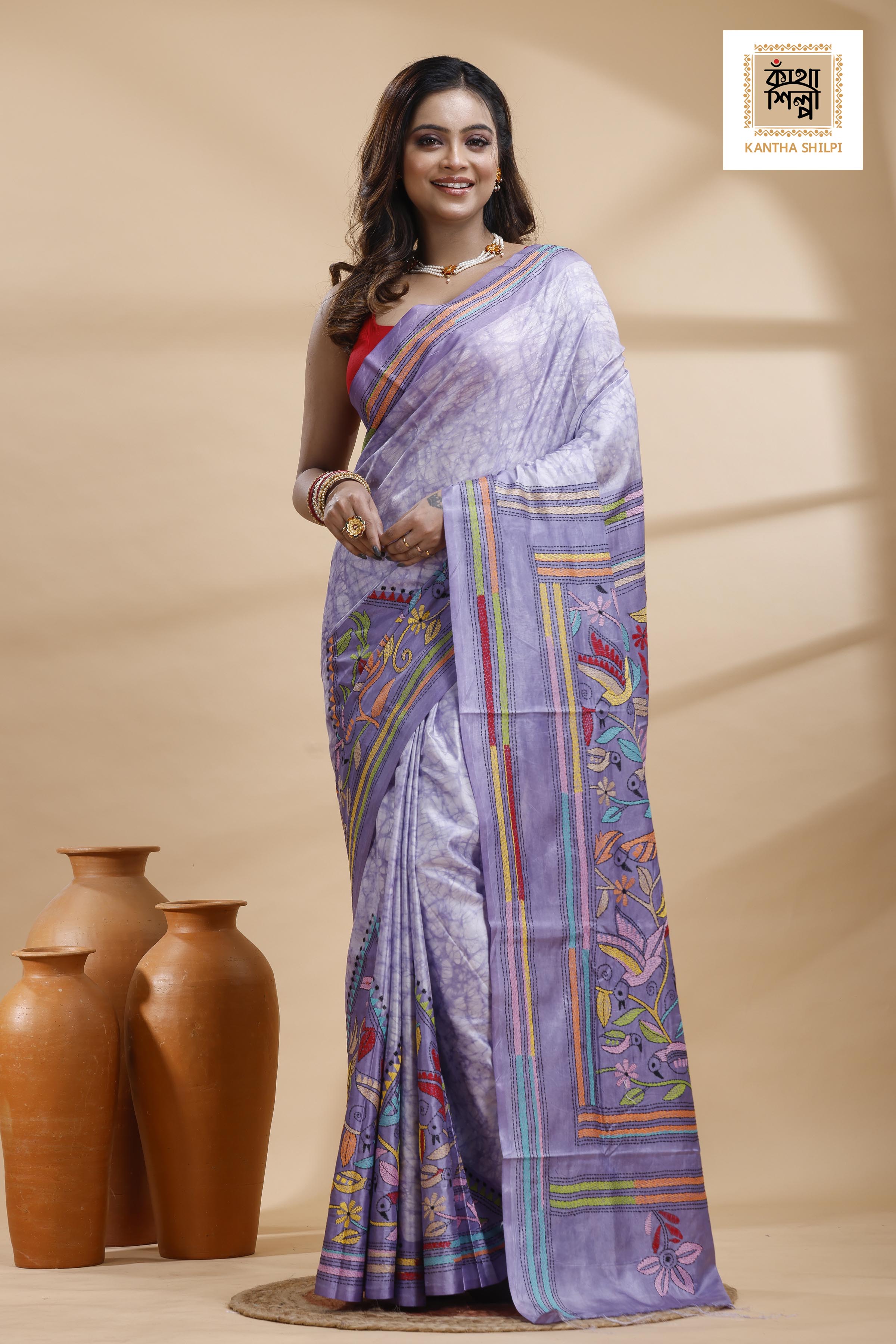 Greyish Purple Color Bangalore Silk Multicolor Thread Work Batik Kantha Stitch Saree