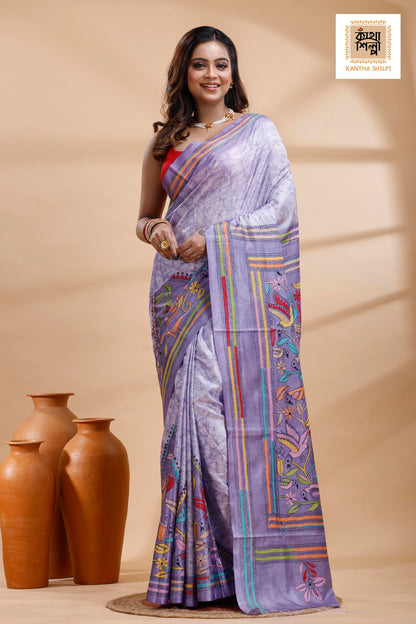 Greyish Purple Color Bangalore Silk Multicolor Thread Work Batik Kantha Stitch Saree