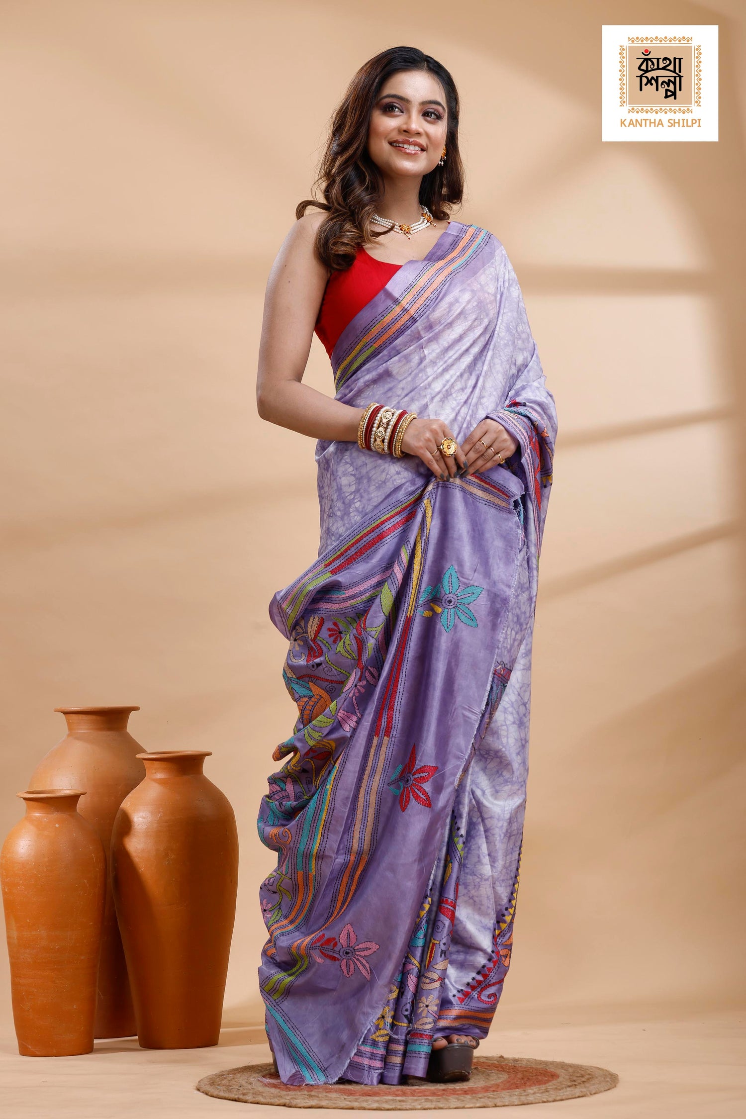 Greyish Purple Color Bangalore Silk Multicolor Thread Work Batik Kantha Stitch Saree