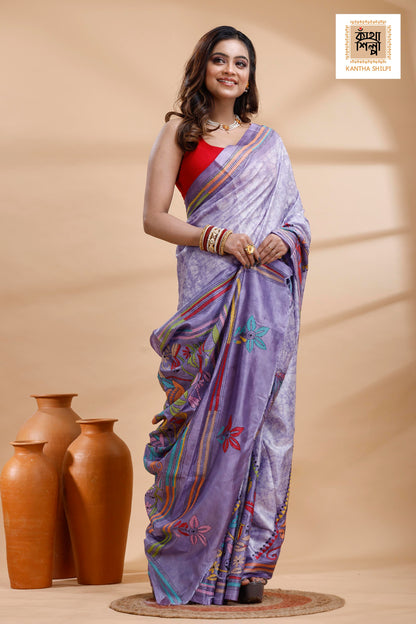 Greyish Purple Color Bangalore Silk Multicolor Thread Work Batik Kantha Stitch Saree