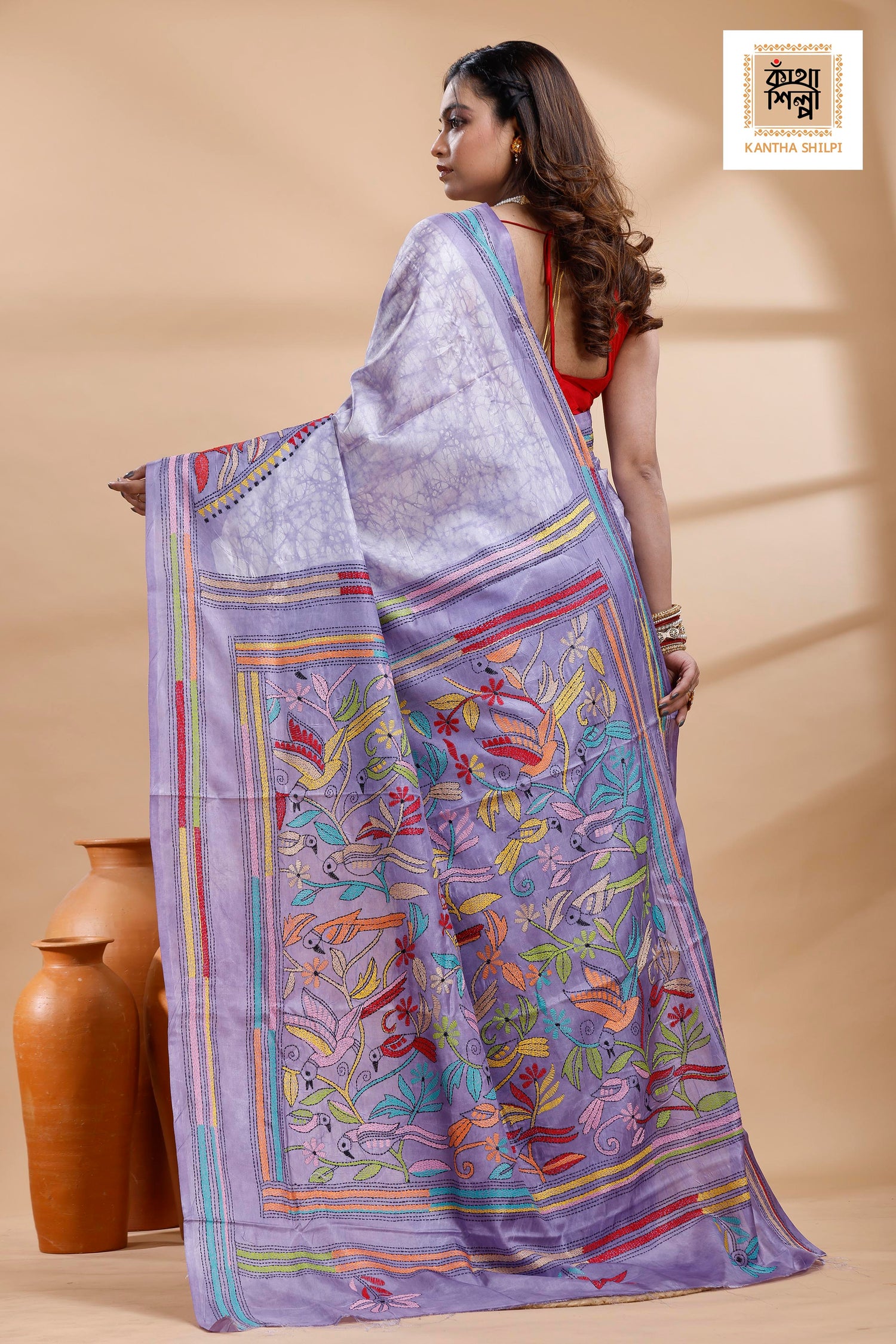 Greyish Purple Color Bangalore Silk Multicolor Thread Work Batik Kantha Stitch Saree