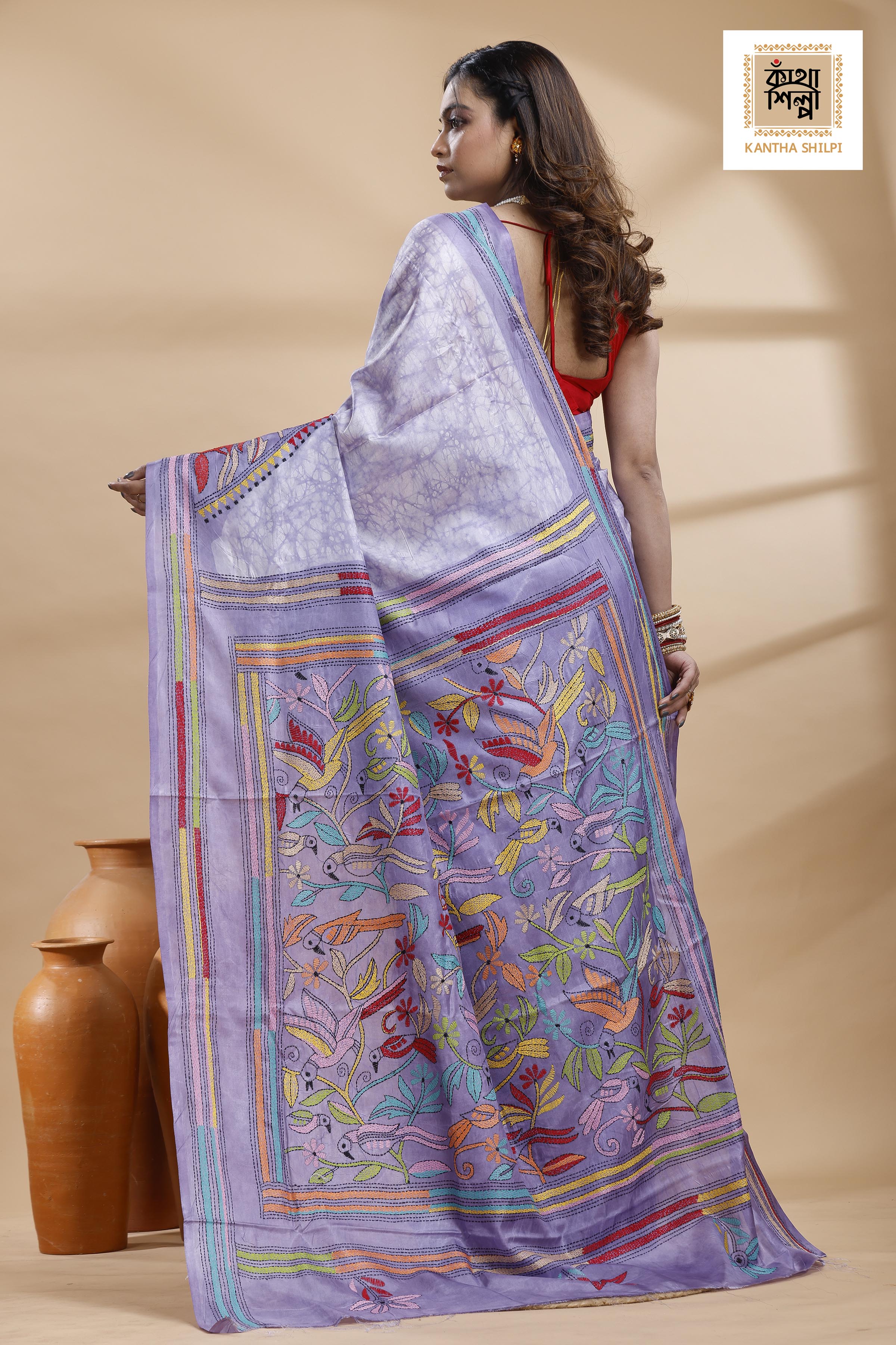 Greyish Purple Color Bangalore Silk Multicolor Thread Work Batik Kantha Stitch Saree