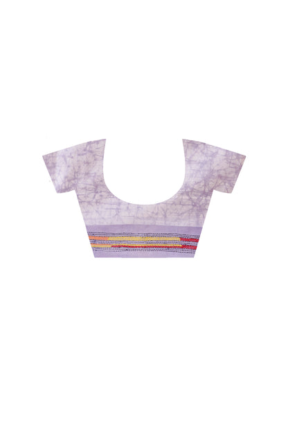 Greyish Purple Color Bangalore Silk Multicolor Thread Work Batik Kantha Stitch Saree