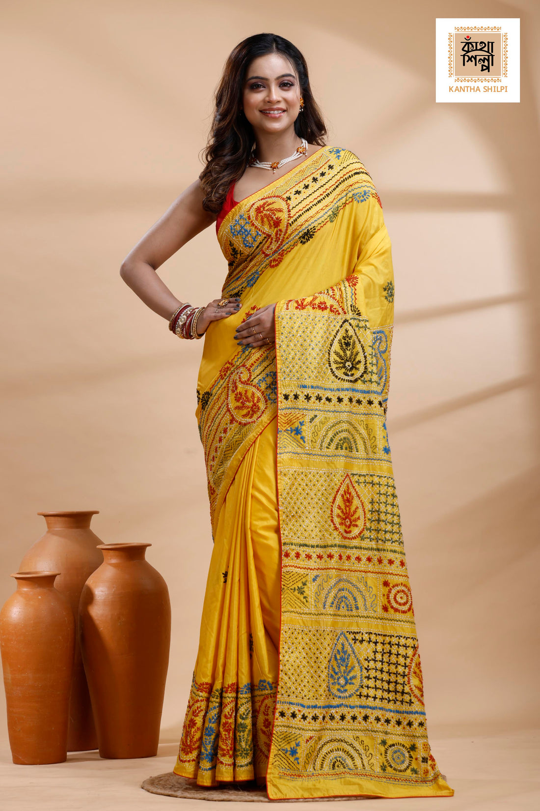 Yellow Color Bangalore Silk Multicolor Thread Work Lambani Stitch Saree