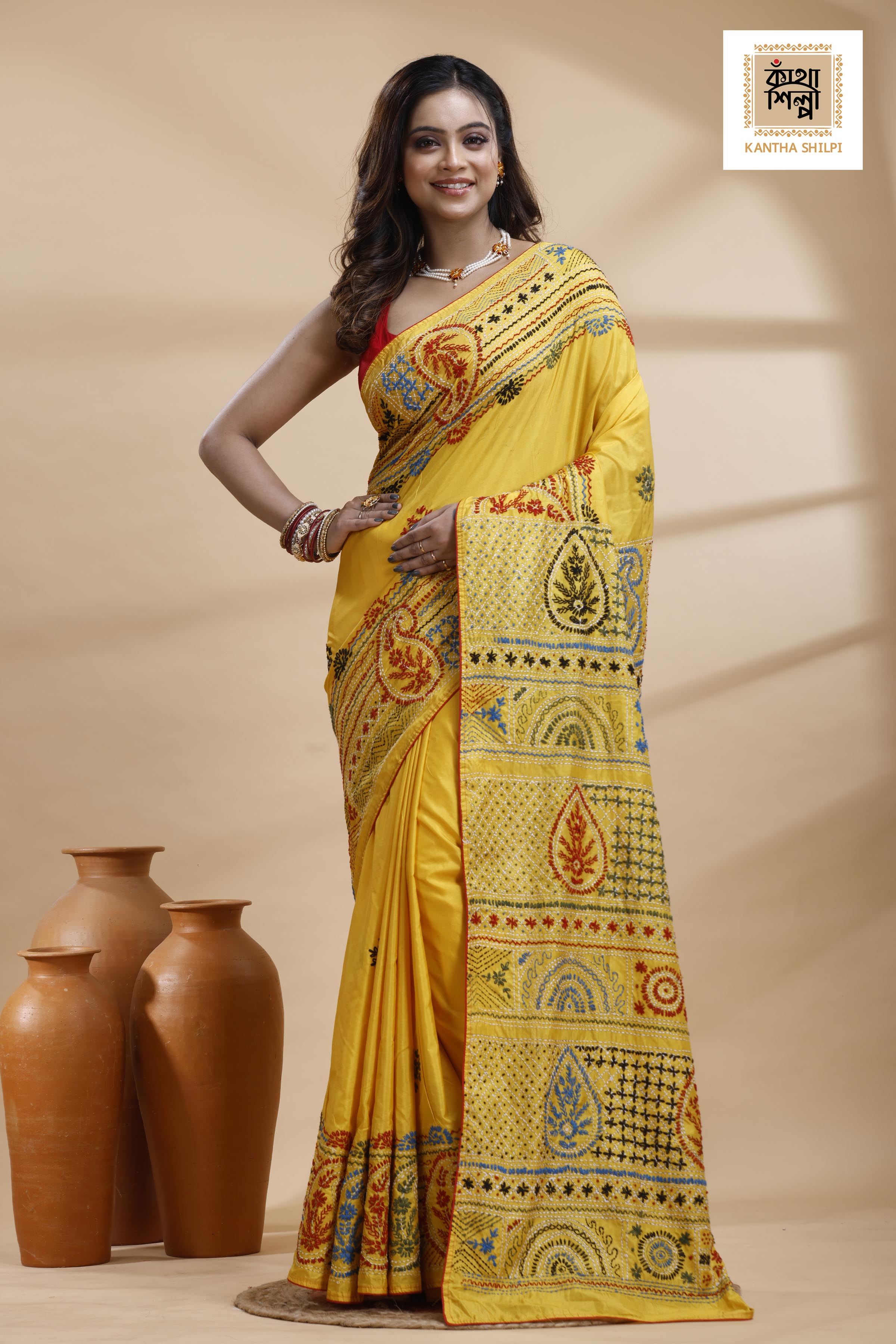 Yellow Color Bangalore Silk Multicolor Thread Work Lambani Stitch Saree