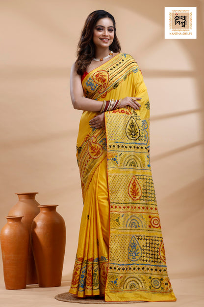 Yellow Color Bangalore Silk Multicolor Thread Work Lambani Stitch Saree