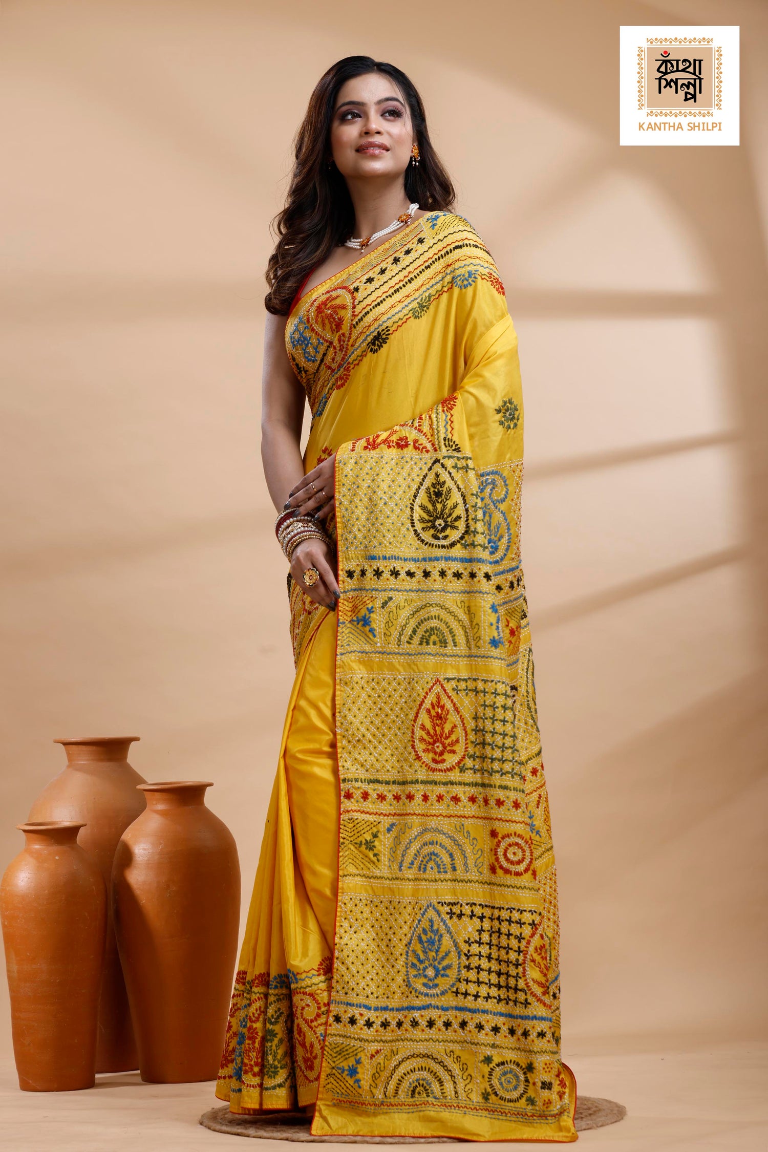 Yellow Color Bangalore Silk Multicolor Thread Work Lambani Stitch Saree
