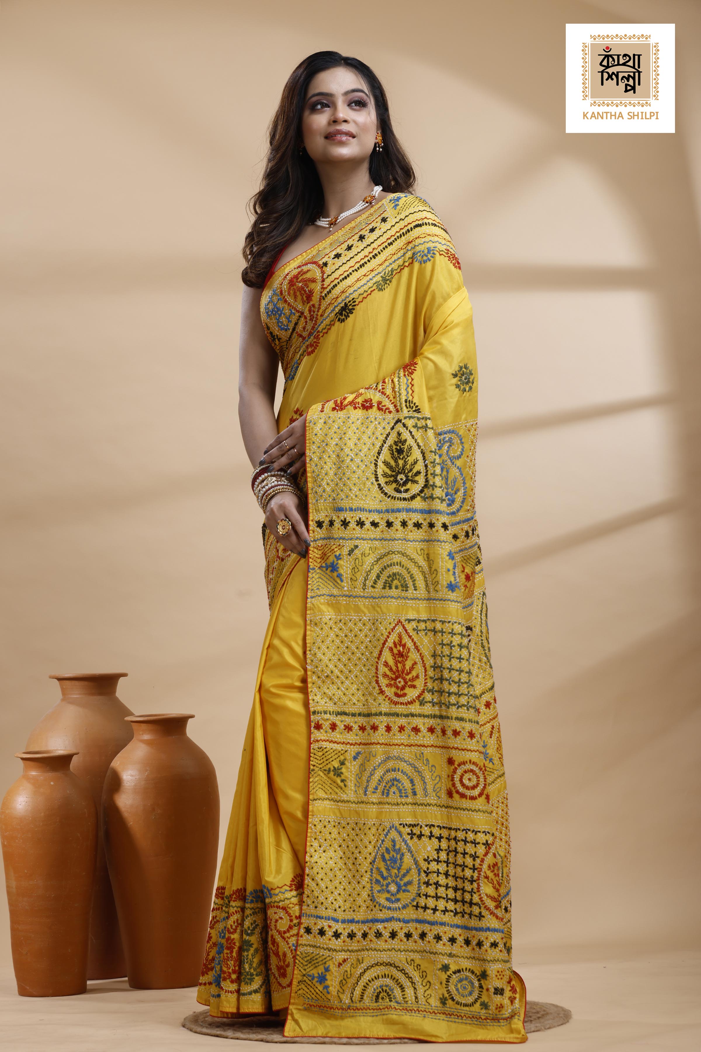 Yellow Color Bangalore Silk Multicolor Thread Work Lambani Stitch Saree