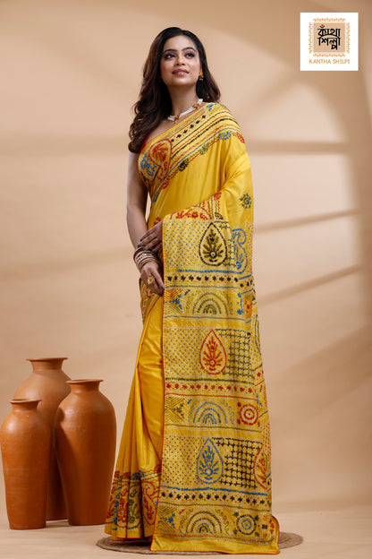 Yellow Color Bangalore Silk Multicolor Thread Work Lambani Stitch Saree