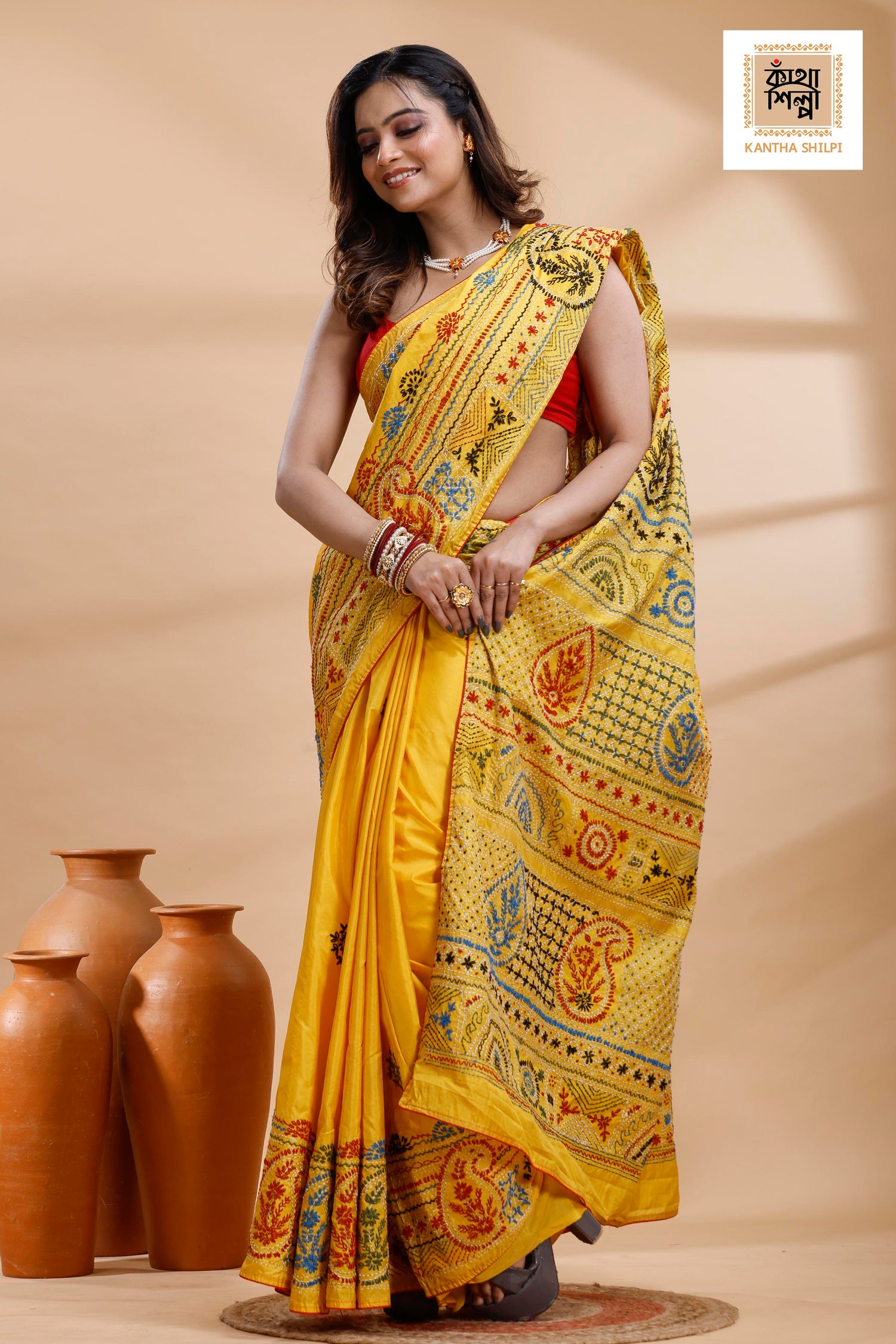 Yellow Color Bangalore Silk Multicolor Thread Work Lambani Stitch Saree