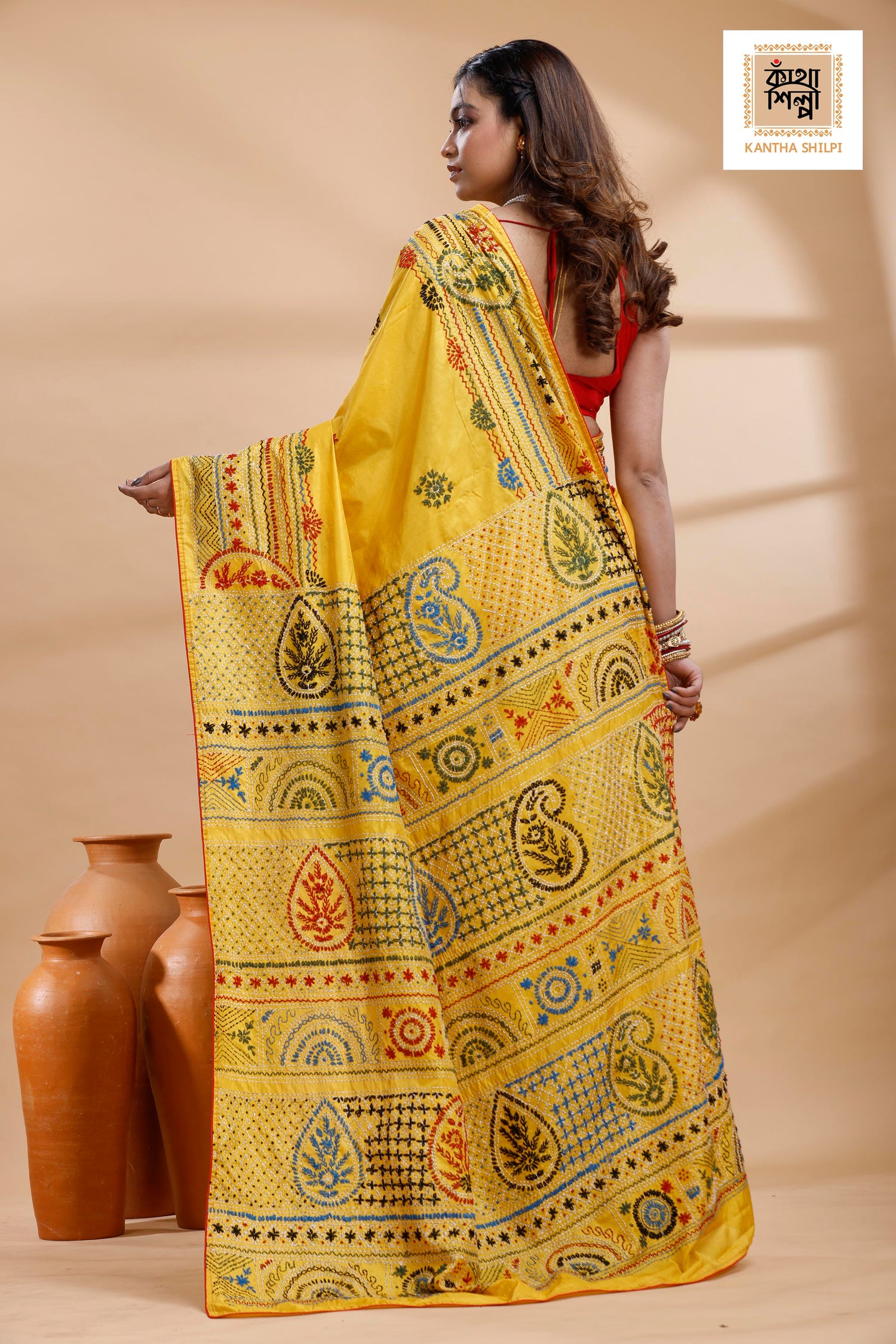 Yellow Color Bangalore Silk Multicolor Thread Work Lambani Stitch Saree