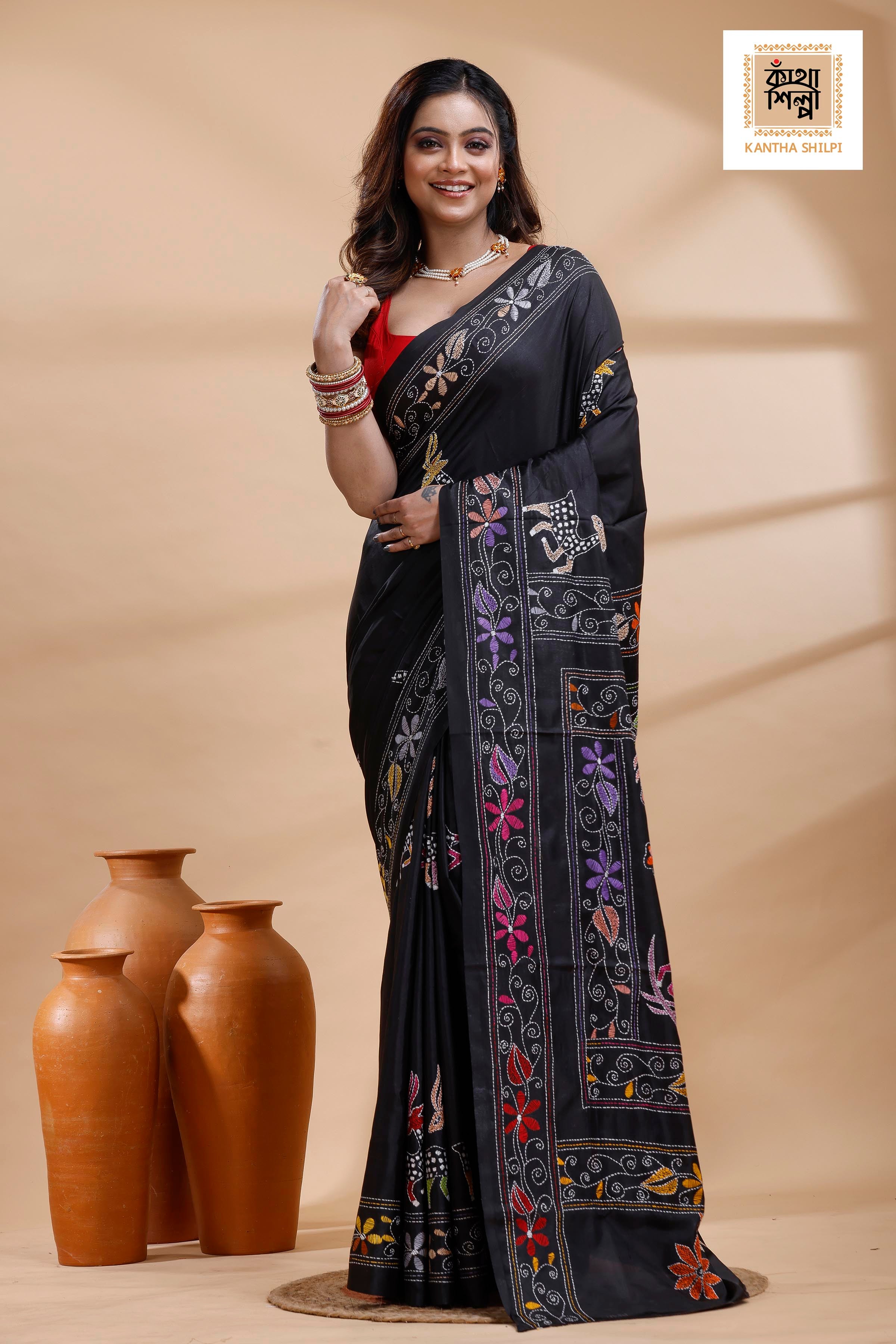 Black Color Bangalore Silk Multicolor Thread Work Kantha Stitch Saree