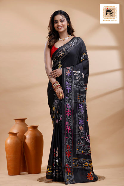 Black Color Bangalore Silk Multicolor Thread Work Kantha Stitch Saree