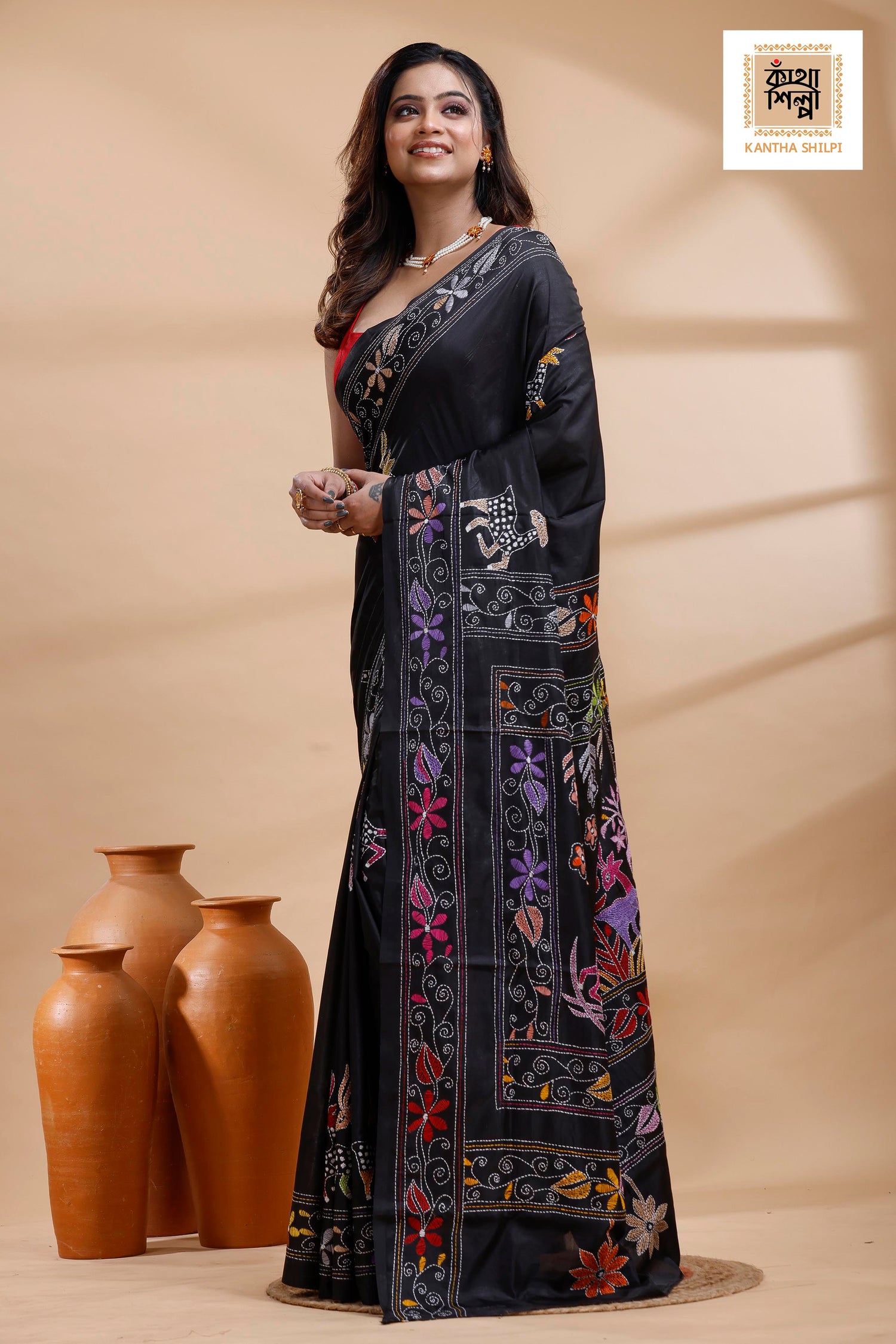 Black Color Bangalore Silk Multicolor Thread Work Kantha Stitch Saree