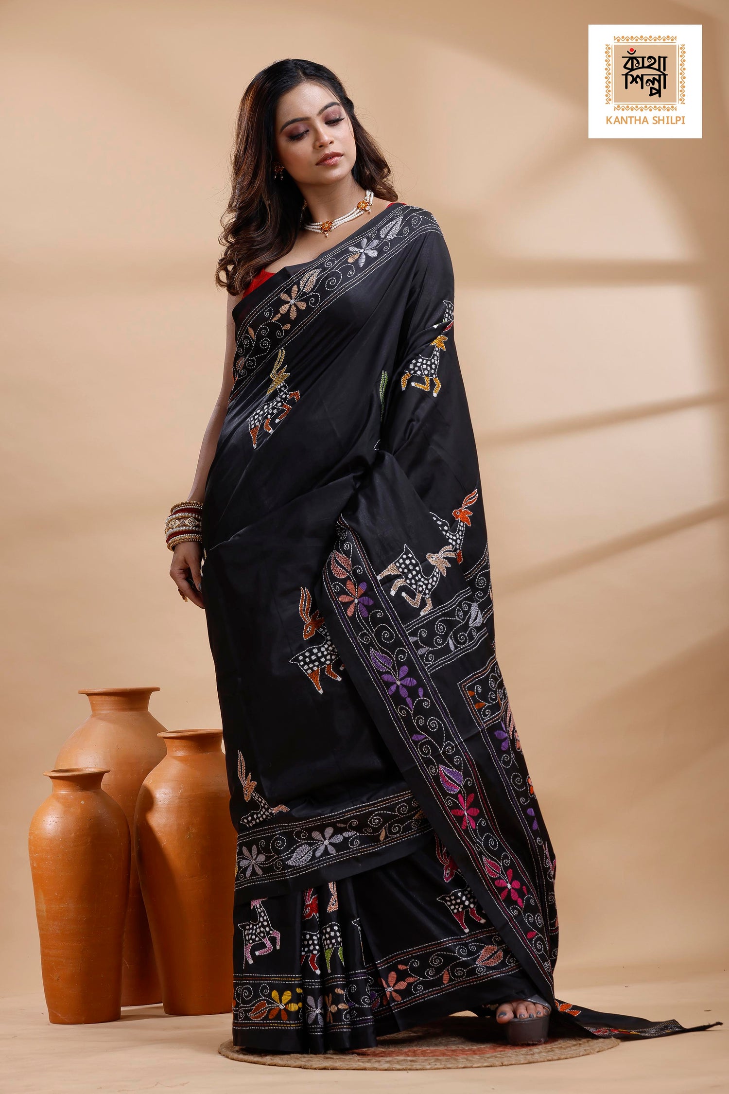 Black Color Bangalore Silk Multicolor Thread Work Kantha Stitch Saree
