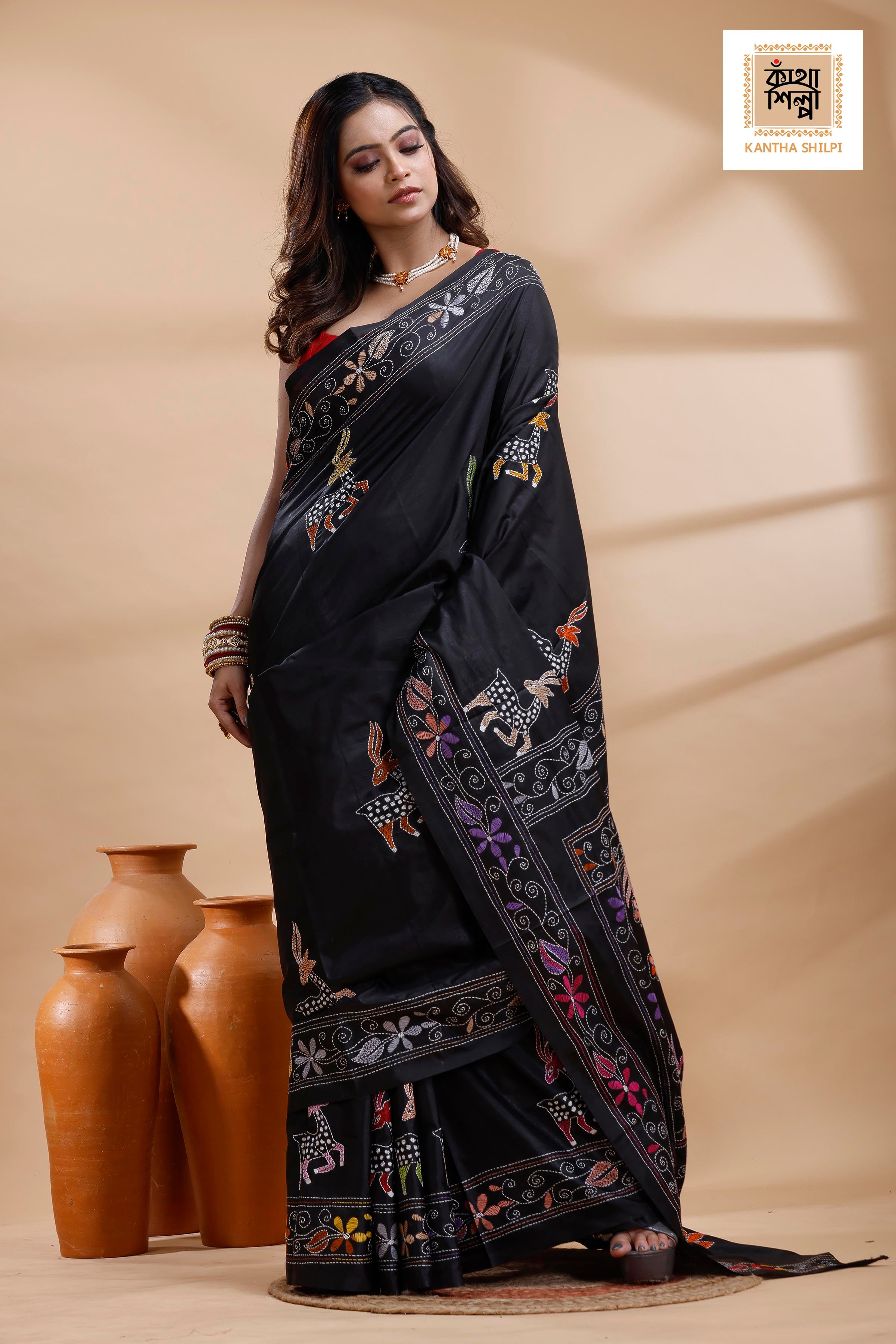 Black Color Bangalore Silk Multicolor Thread Work Kantha Stitch Saree