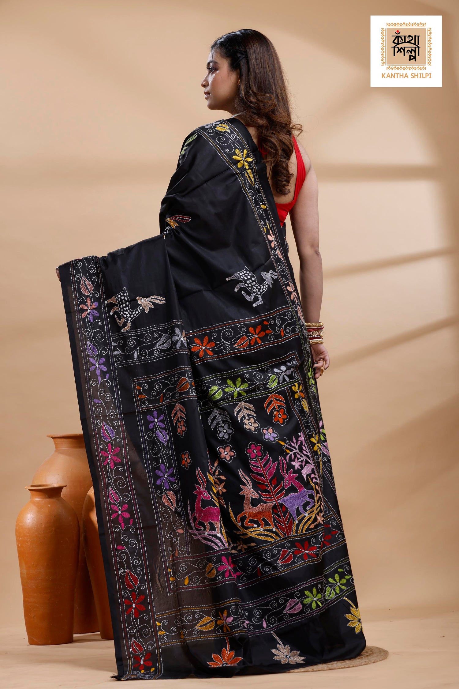 Black Color Bangalore Silk Multicolor Thread Work Kantha Stitch Saree