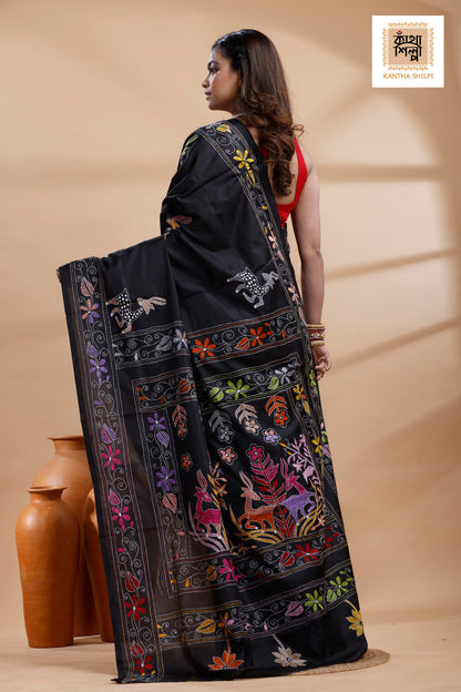 Black Color Bangalore Silk Multicolor Thread Work Kantha Stitch Saree