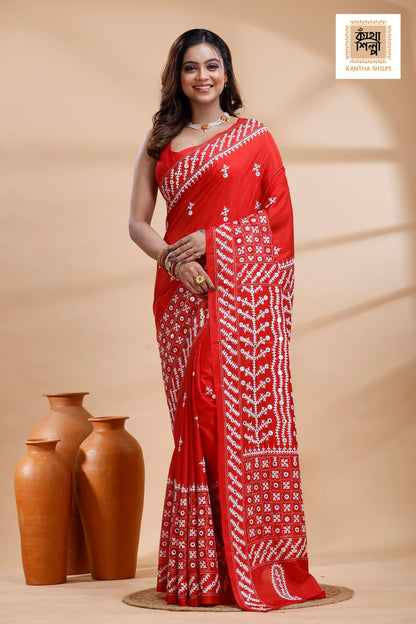 Red Bangalore Silk White color Thread Work Gujrati Stitch Saree