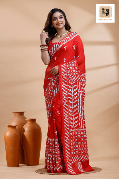 Red Bangalore Silk White color Thread Work Gujrati Stitch Saree