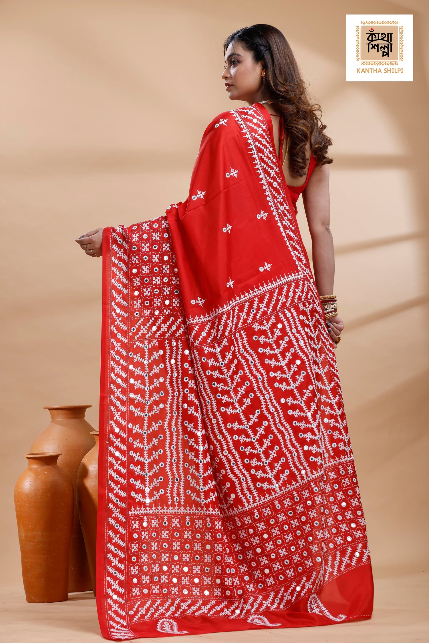 Red Bangalore Silk White color Thread Work Gujrati Stitch Saree