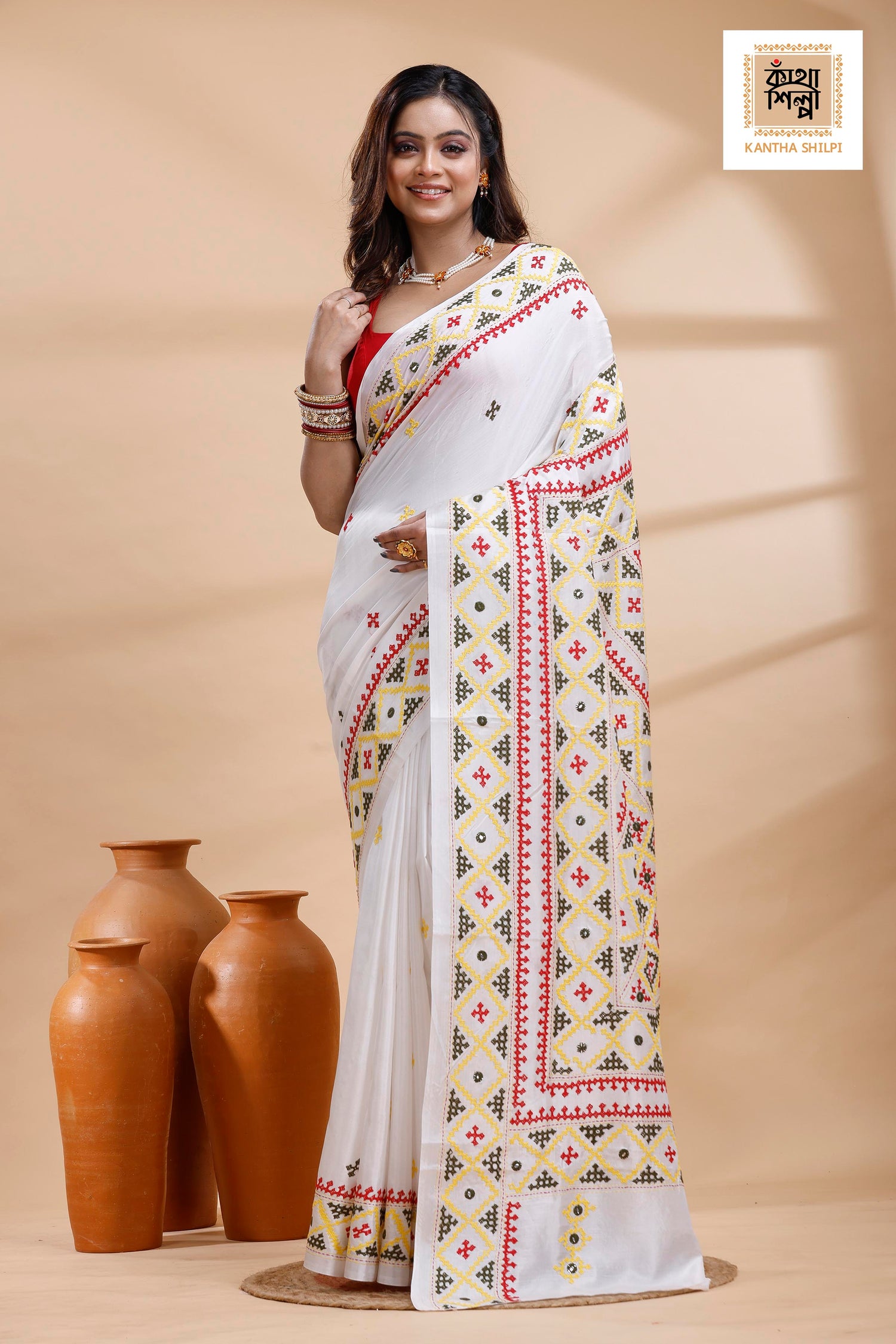 White Bangalore Silk Tri-color Thread Work Gujrati Stitch Saree