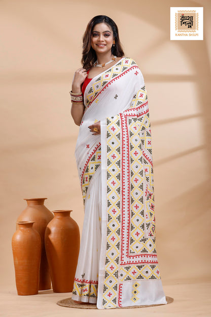 White Bangalore Silk Tri-color Thread Work Gujrati Stitch Saree