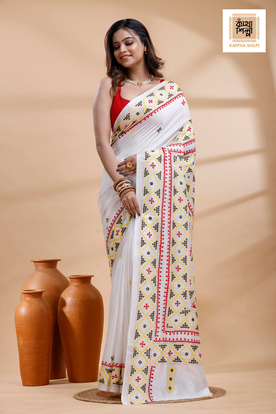 White Bangalore Silk Tri-color Thread Work Gujrati Stitch Saree