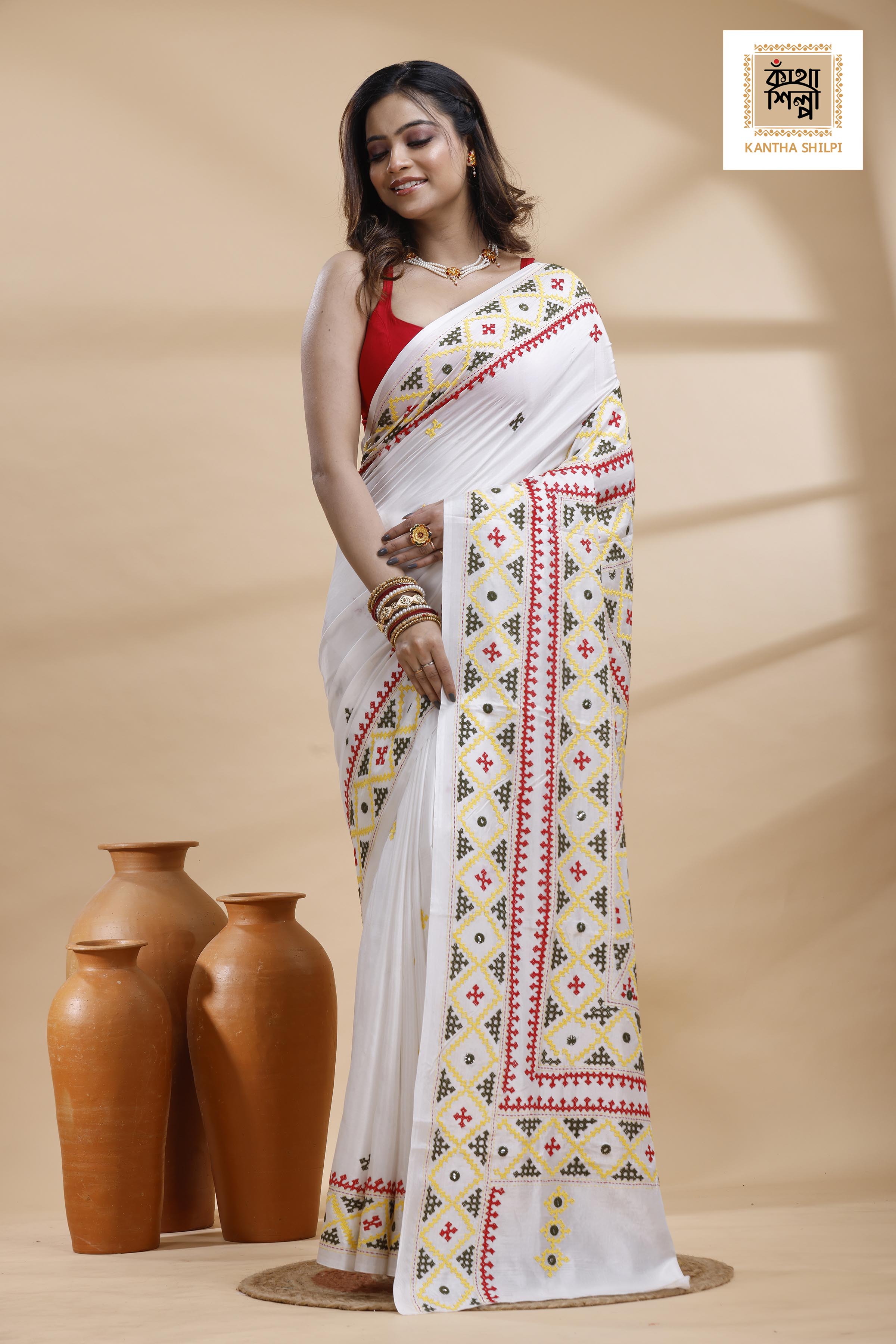 White Bangalore Silk Tri-color Thread Work Gujrati Stitch Saree