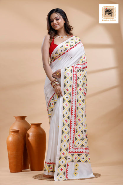 White Bangalore Silk Tri-color Thread Work Gujrati Stitch Saree