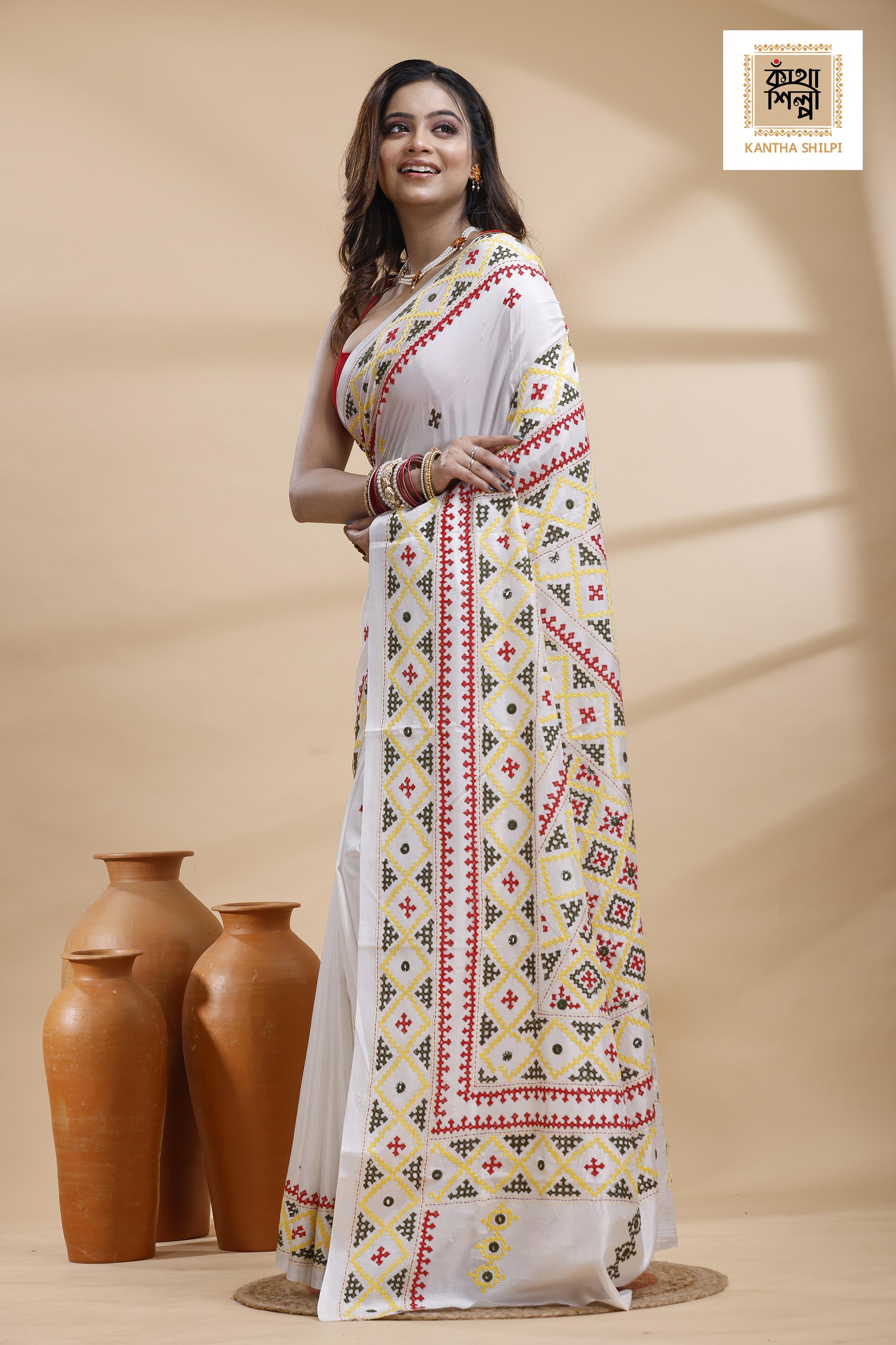 White Bangalore Silk Tri-color Thread Work Gujrati Stitch Saree