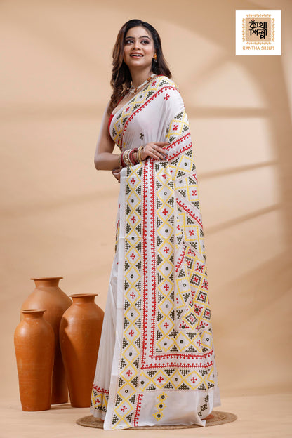 White Bangalore Silk Tri-color Thread Work Gujrati Stitch Saree
