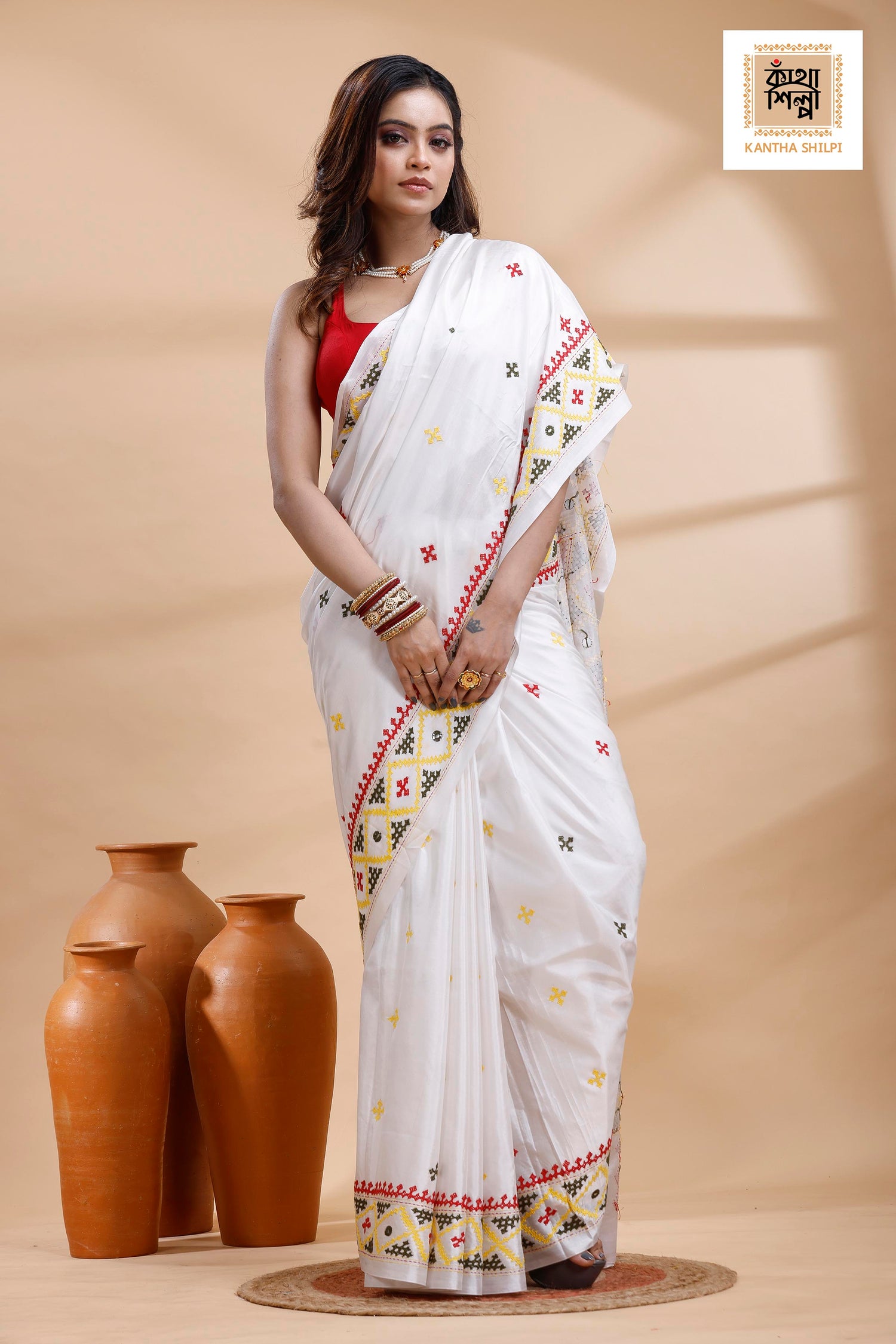 White Bangalore Silk Tri-color Thread Work Gujrati Stitch Saree