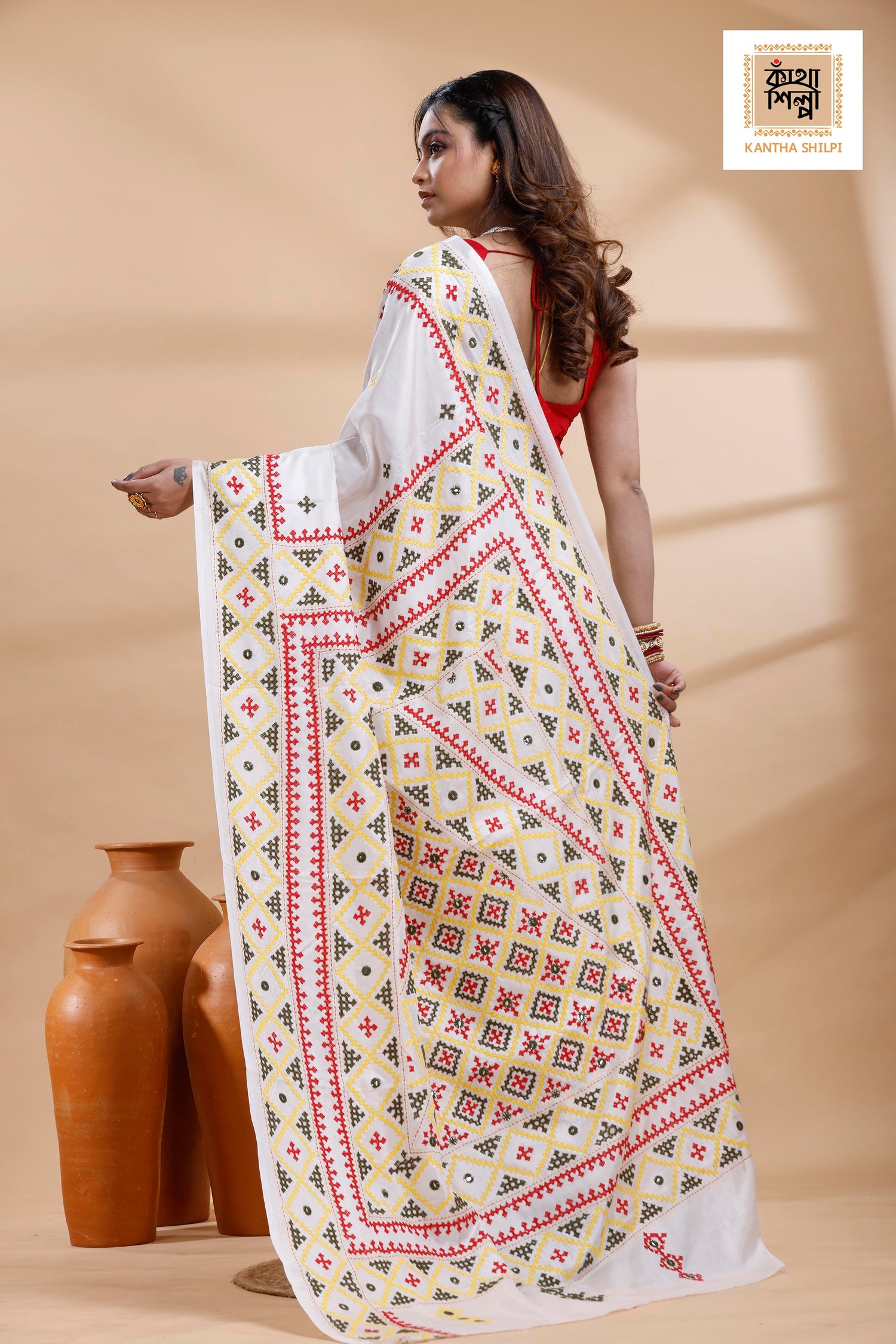 White Bangalore Silk Tri-color Thread Work Gujrati Stitch Saree